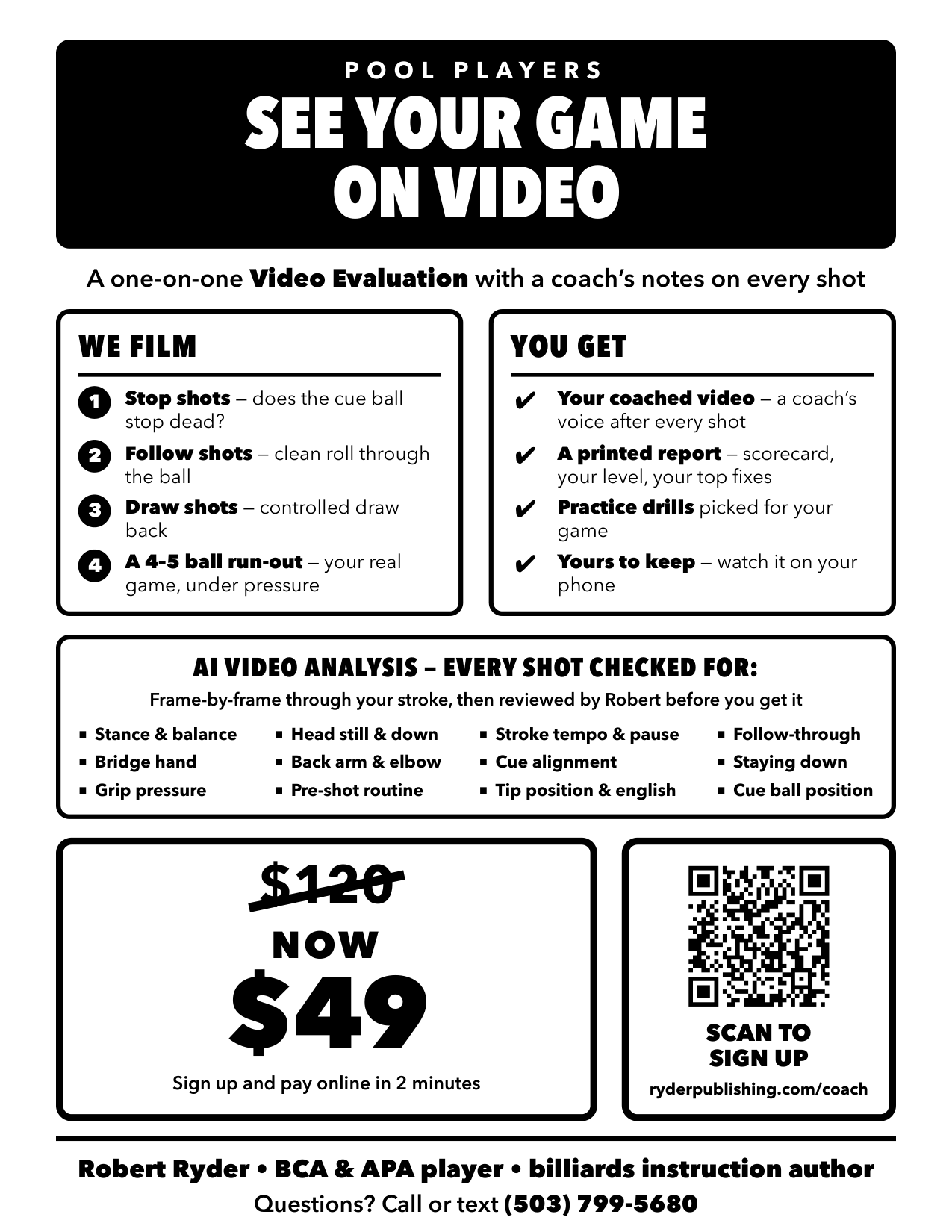 See Your Game On Video: pool video evaluation flyer, was $120, now $49