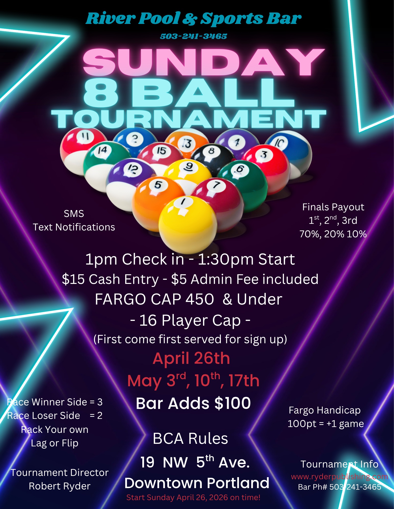 Sunday 8-Ball Tournament flyer — River Pool & Sports Bar