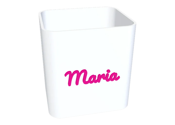 White pen cup with the name Maria raised in pink script on the front
