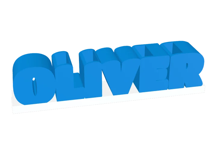 Blue block letters spelling OLIVER standing on a white base