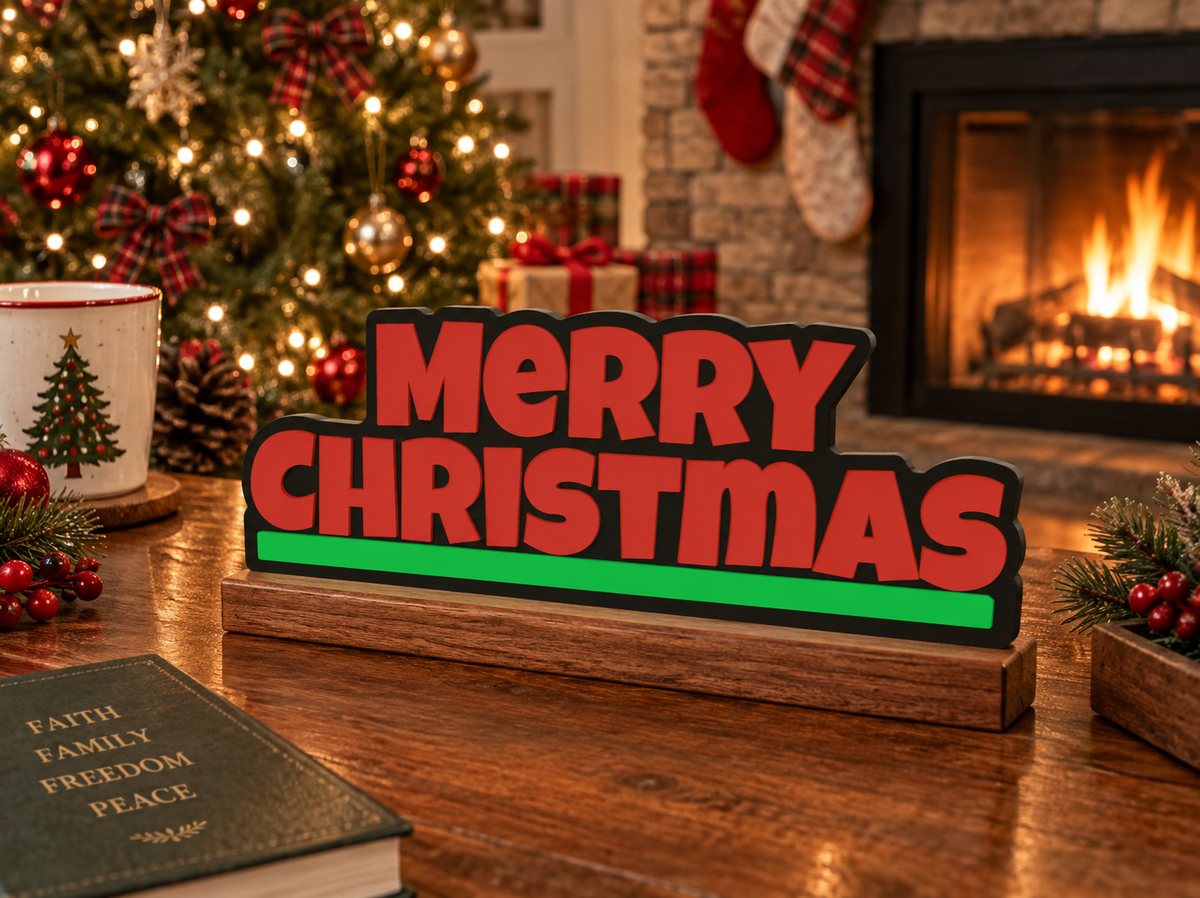 A red and green layered Merry Christmas sign on a wooden bar, sitting on a table beside a Christmas tree