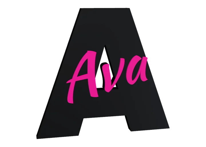 Large black letter A with the name Ava in pink script across it