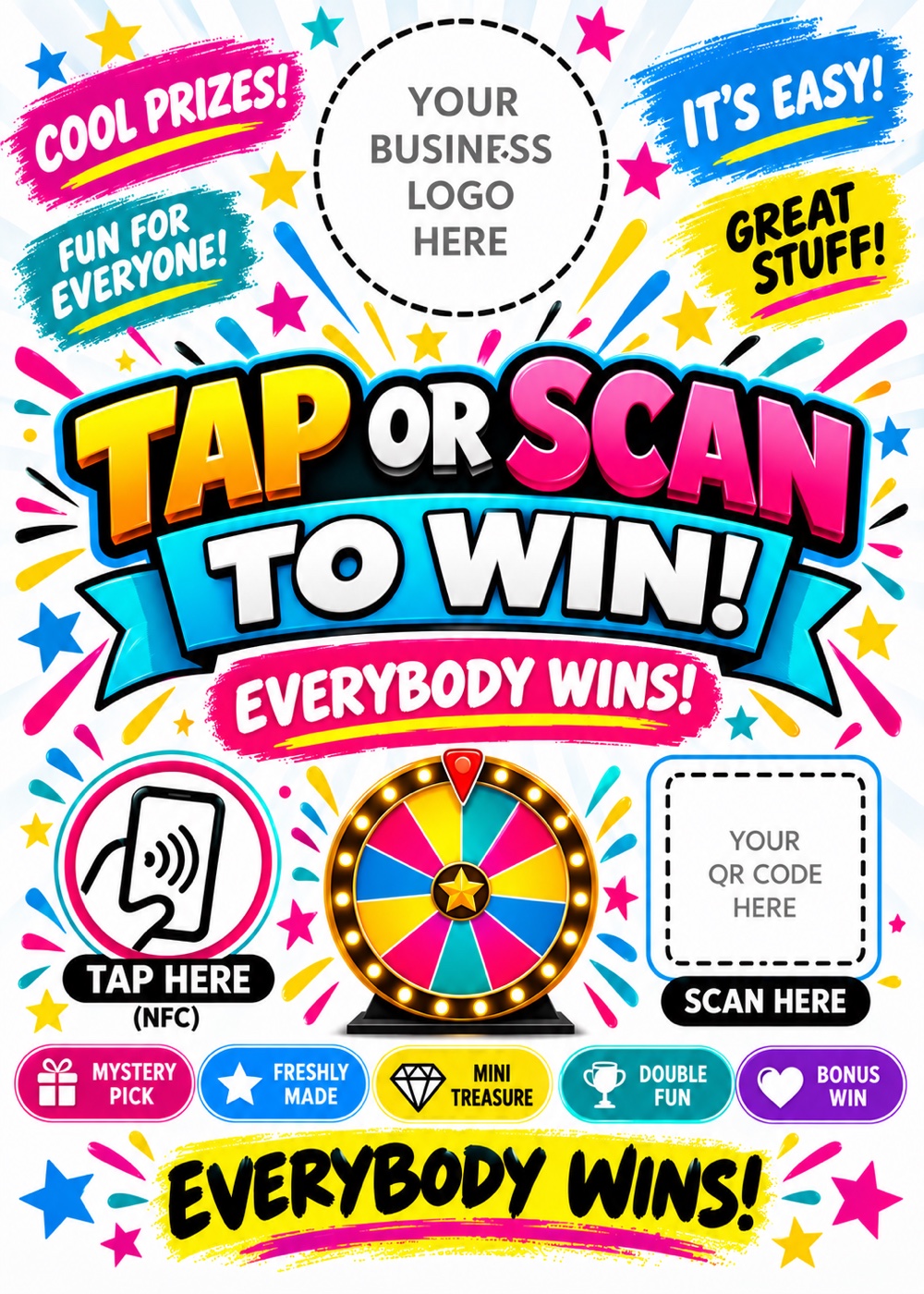 Tap or Scan to Win counter flyer, personalized with your business logo and QR code